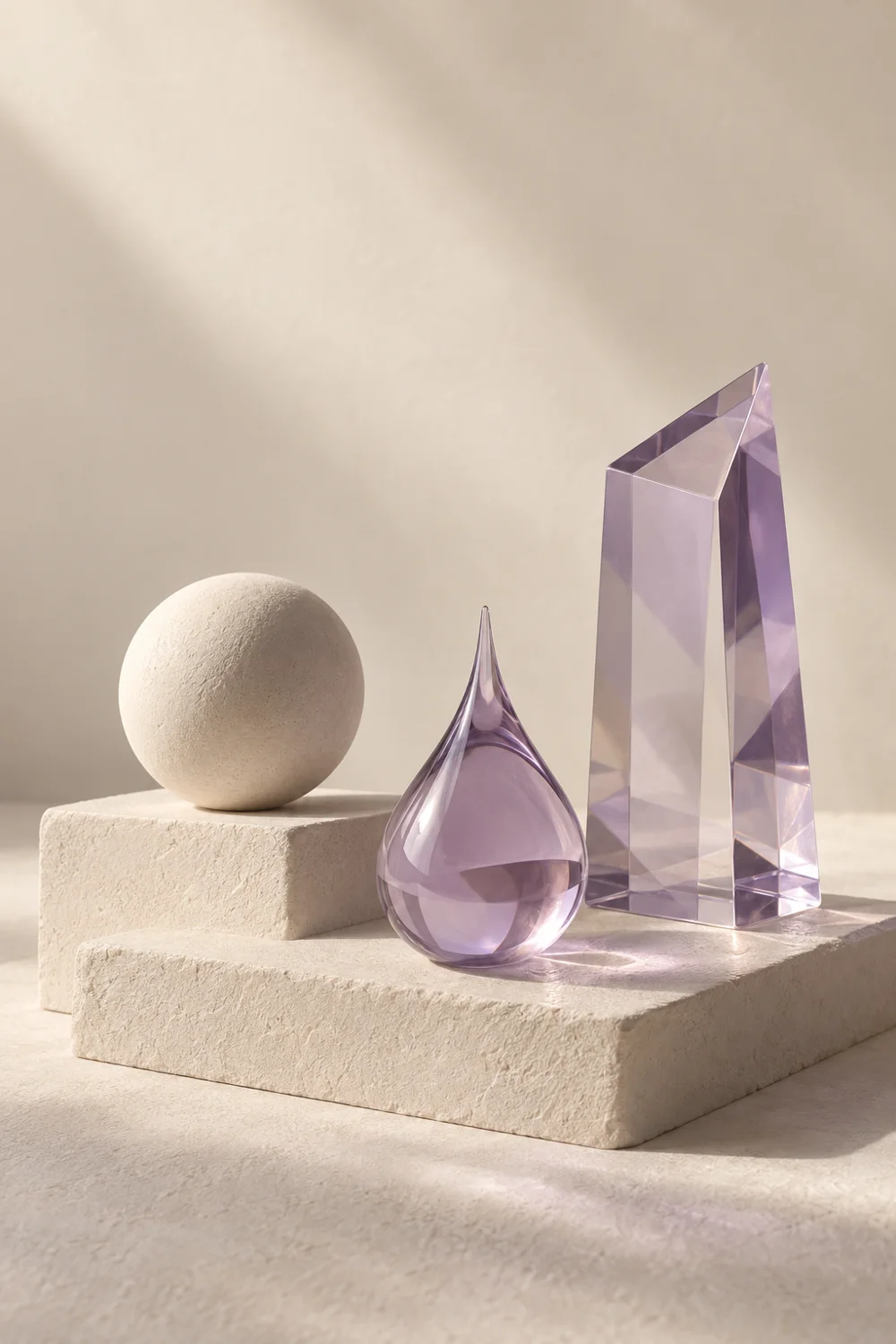 Sculptural sphere, lavender droplet and glass prism illustrating distinct quantities